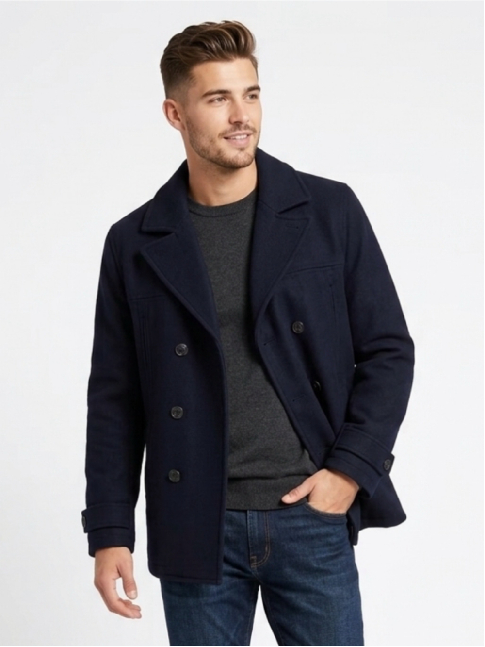 TOPMAN Men's Classic Double-Breasted Wool Blend Pea Coat - Navy Blue, Size XL